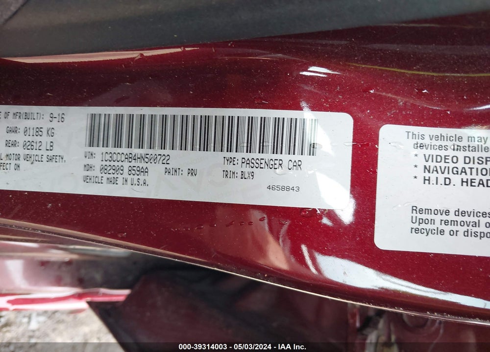 2017 CHRYSLER 200 VIN: 1C3CCCAB4HN500722