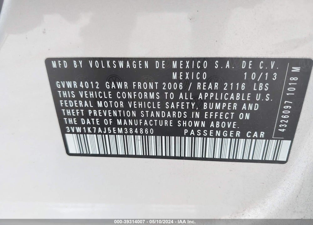 2014 VOLKSWAGEN JETTA 2.0L S VIN: 3VW1K7AJ5EM384860