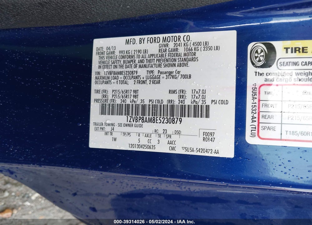 2014 FORD MUSTANG V6 VIN: 1ZVBP8AM8E5230879