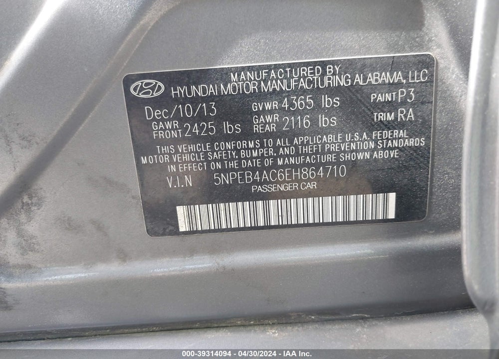 2014 HYUNDAI SONATA GLS VIN: 5NPEB4AC6EH864710