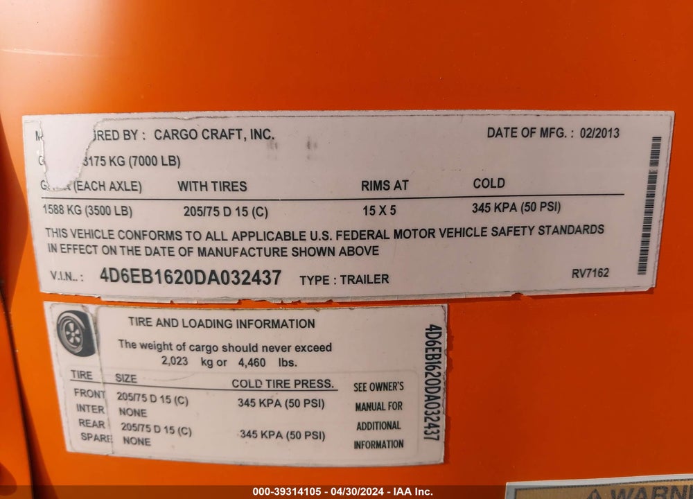 2014 CARGO CRAFT, INC ENCLOSED CARGO TRAIL VIN: 4D6EB1620DA032437