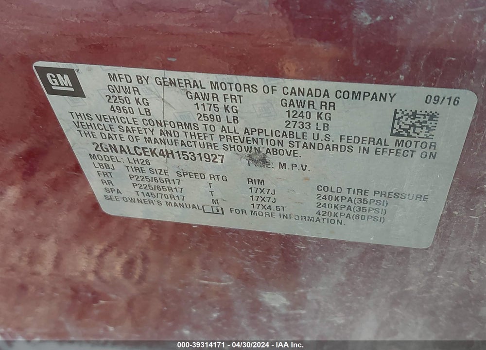 2017 CHEVROLET EQUINOX LT VIN: 2GNALCEK4H1531927
