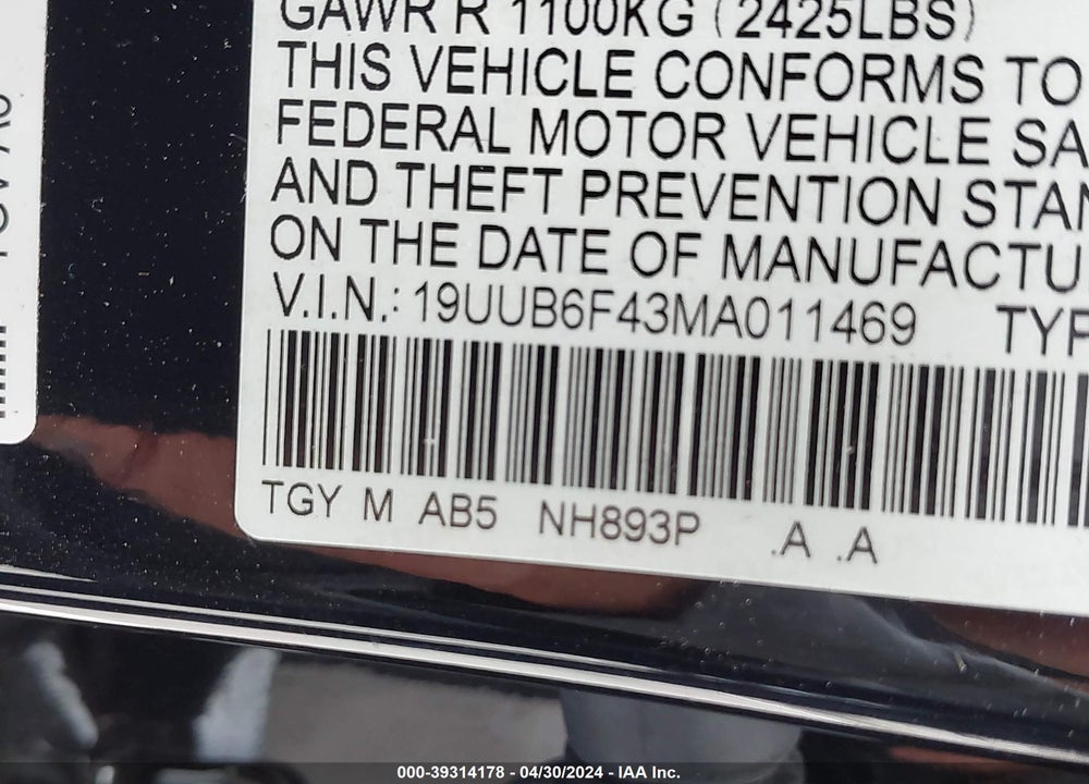 2021 ACURA TLX TECHNOLOGY PACKAGE VIN: 19UUB6F43MA011469