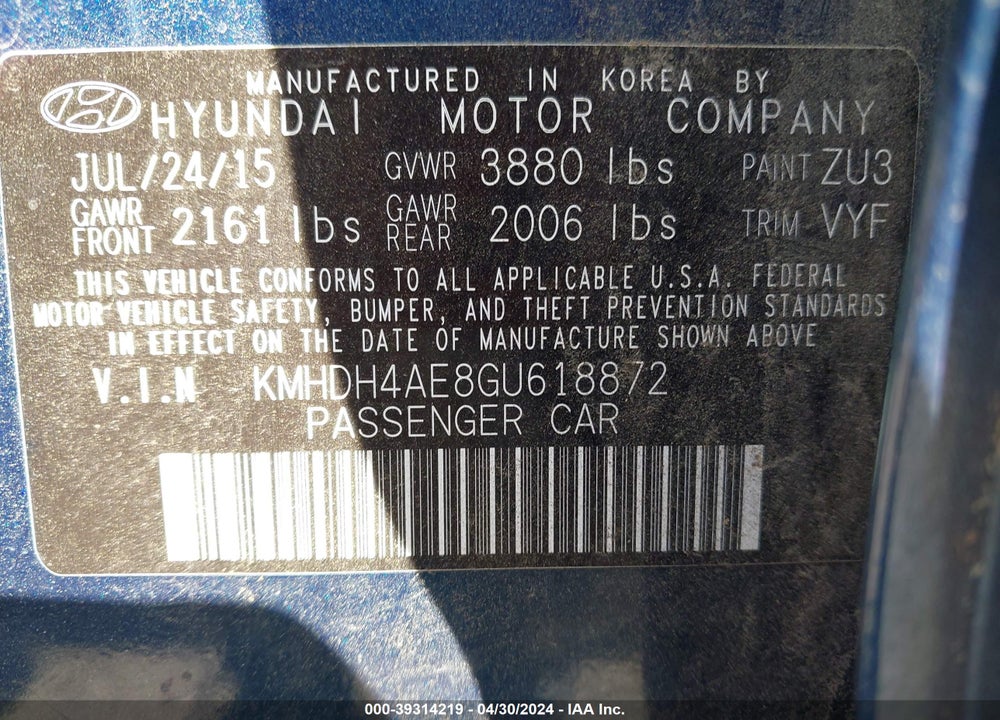2016 HYUNDAI ELANTRA SE VIN: KMHDH4AE8GU618872