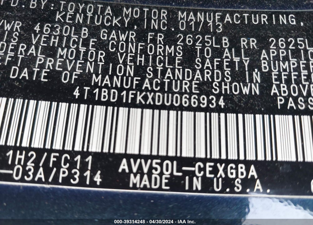 2013 TOYOTA CAMRY HYBRID XLE VIN: 4T1BD1FKXDU066934