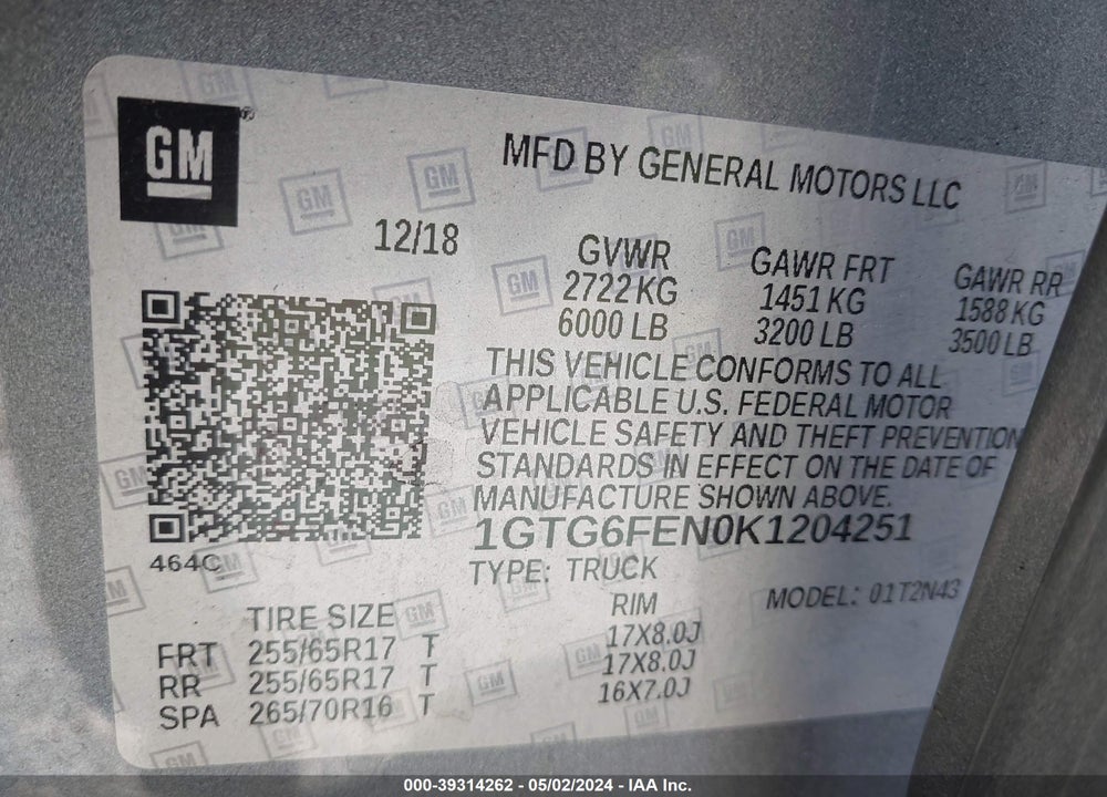 2019 GMC CANYON ALL TERRAIN W/CLOTH VIN: 1GTG6FEN0K1204251
