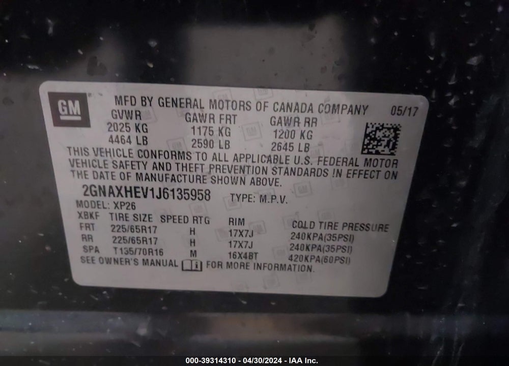 2018 CHEVROLET EQUINOX LS VIN: 2GNAXHEV1J6135958