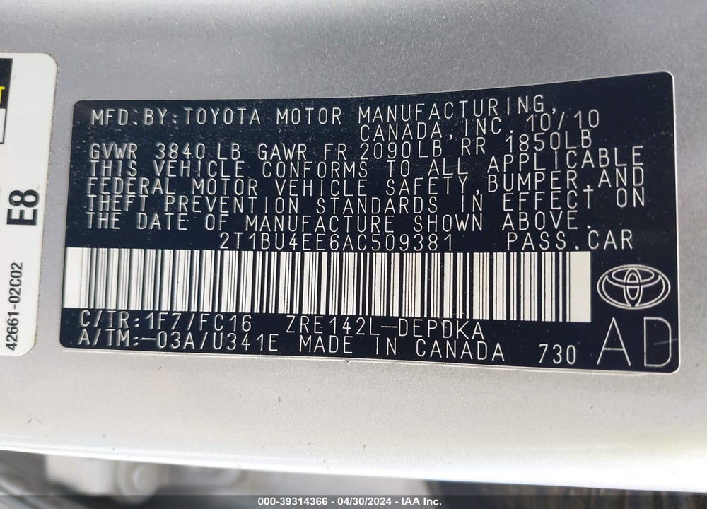 2010 TOYOTA COROLLA LE VIN: 2T1BU4EE6AC509381