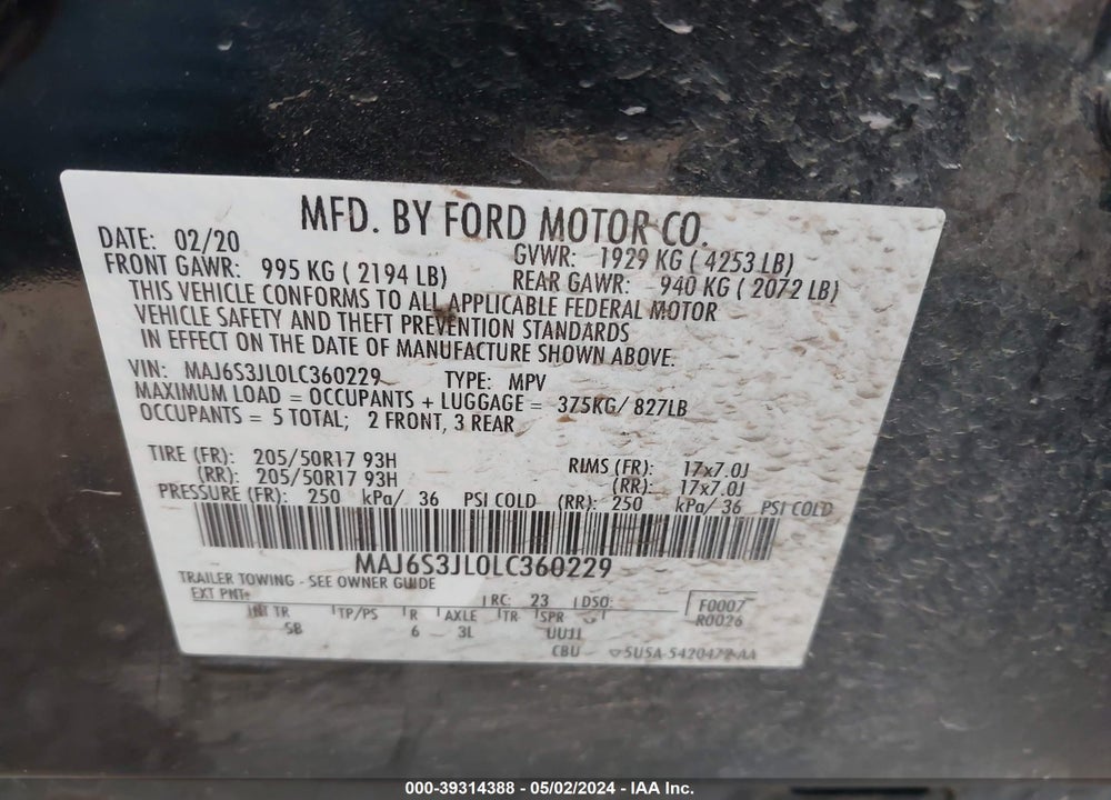 2020 FORD ECOSPORT SES VIN: MAJ6S3JL0LC360229