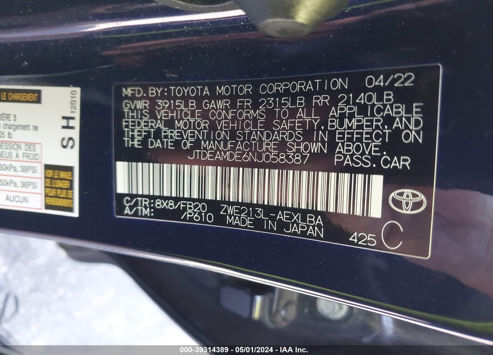 2022 TOYOTA COROLLA HYBRID LE VIN: JTDEAMDE6NJ058387