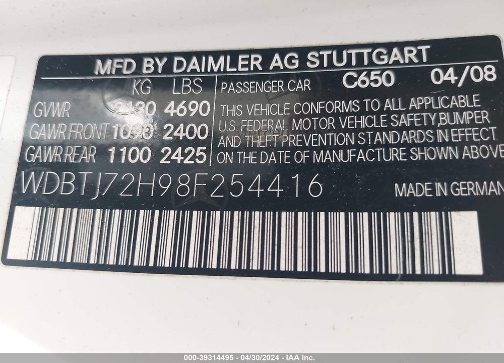 2008 MERCEDES-BENZ CLK 550 VIN: WDBTJ72H98F254416