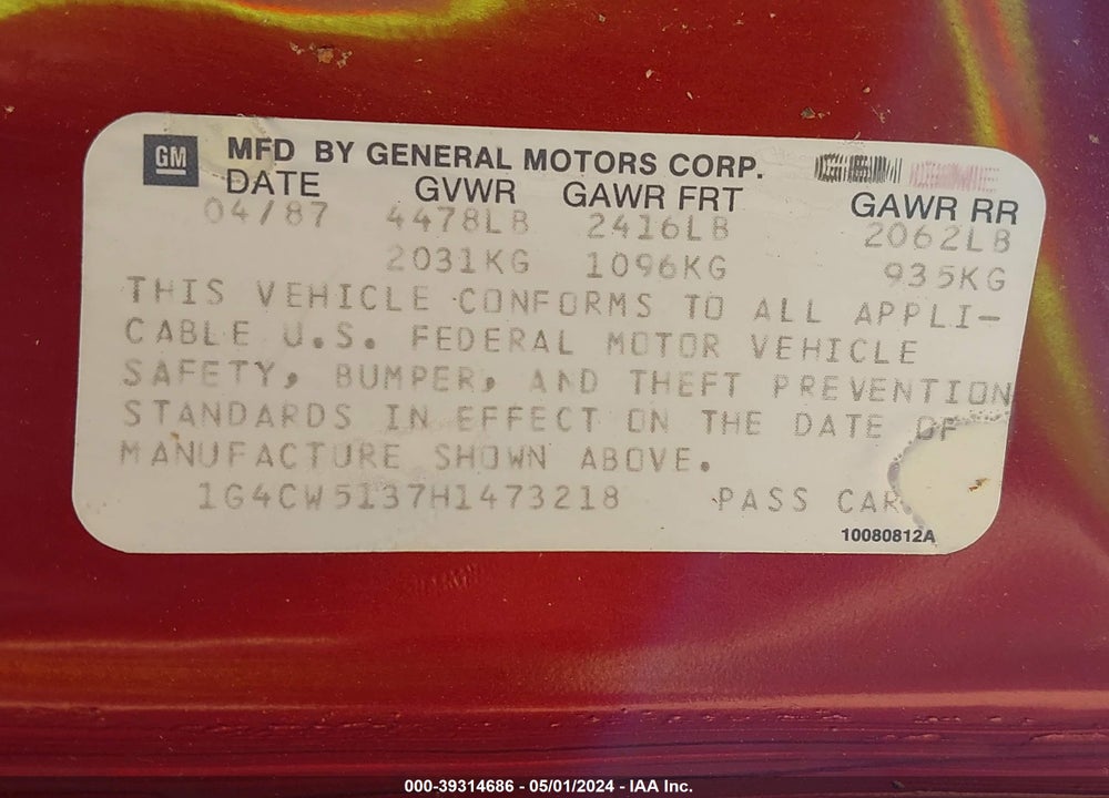 1987 BUICK ELECTRA PARK AVENUE VIN: 1G4CW5137H1473218