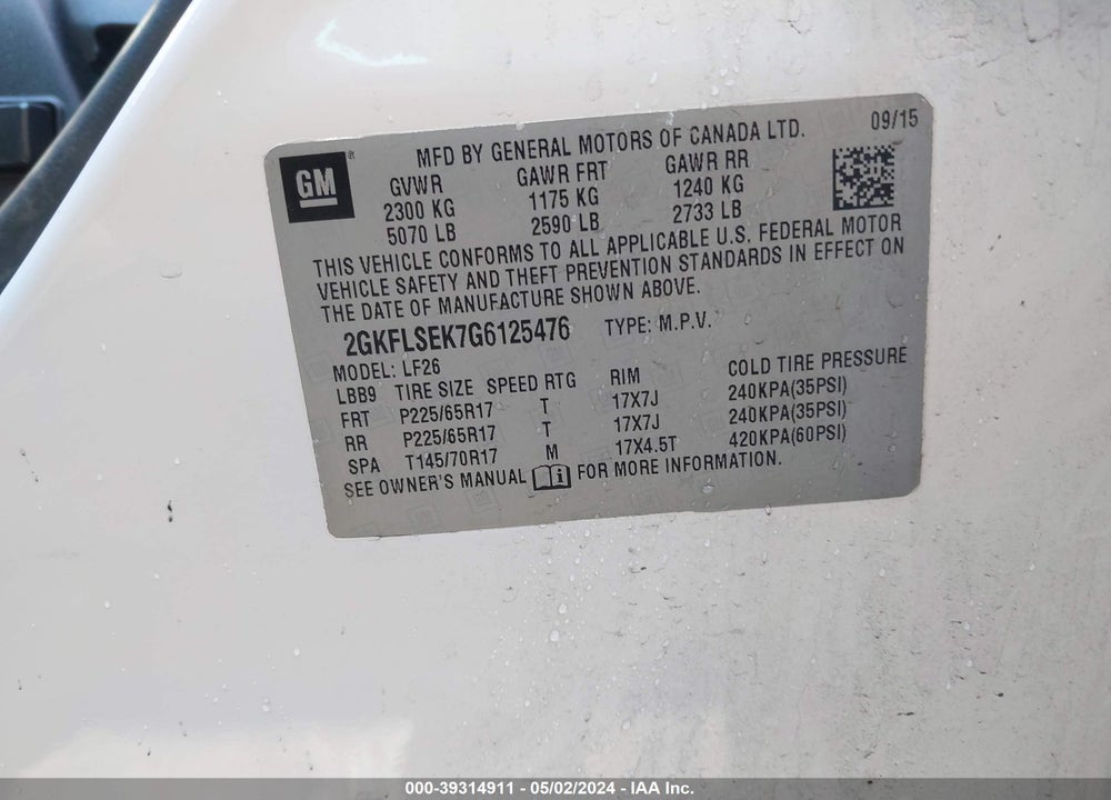 2016 GMC TERRAIN SLE-1 VIN: 2GKFLSEK7G6125476