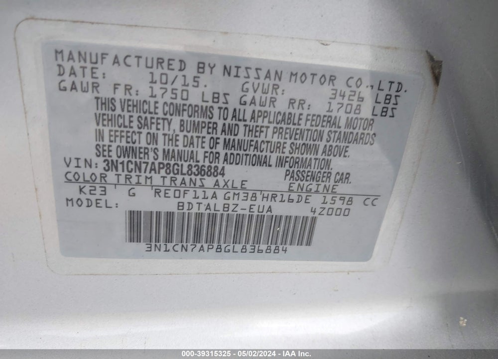 2016 NISSAN VERSA 1.6 SV VIN: 3N1CN7AP8GL836884