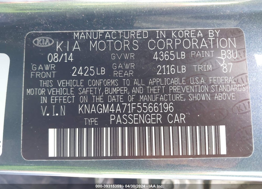 2015 KIA OPTIMA LX VIN: KNAGM4A71F5566196