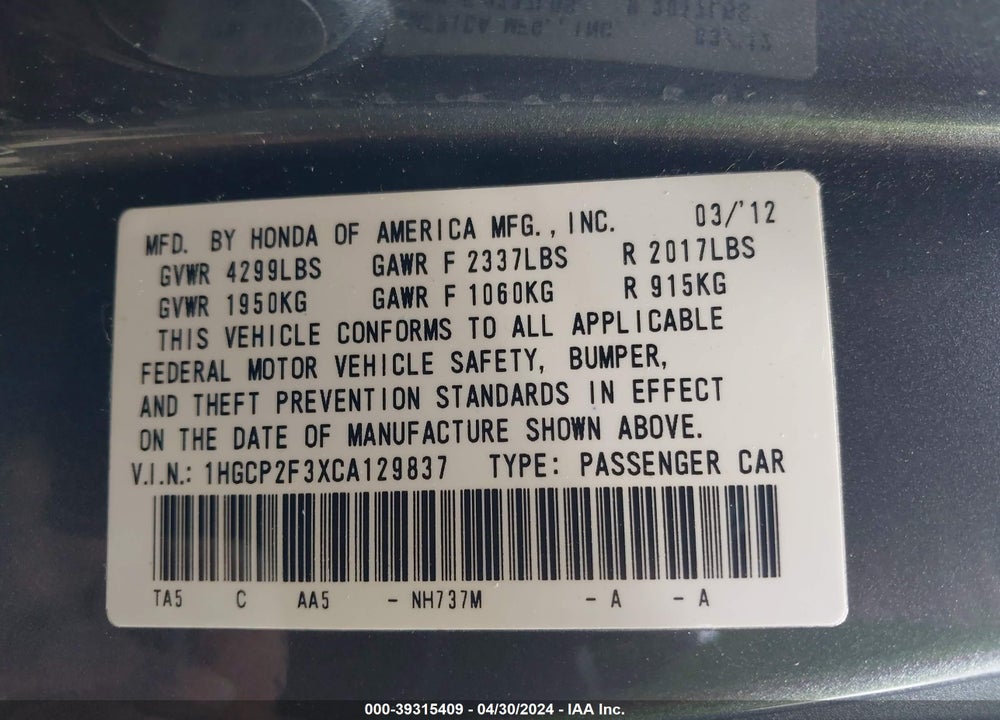 2012 HONDA ACCORD 2.4 LX VIN: 1HGCP2F3XCA129837