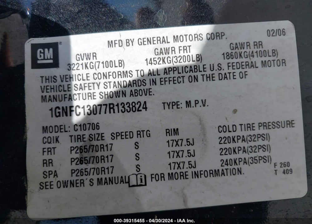 2007 CHEVROLET TAHOE LT VIN: 1GNFC13077R133824