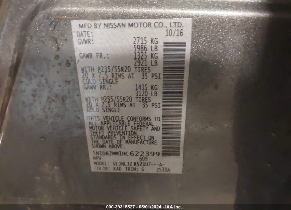 2017 NISSAN PATHFINDER PLATINUM VIN: 5N1DR2MM1HC622399