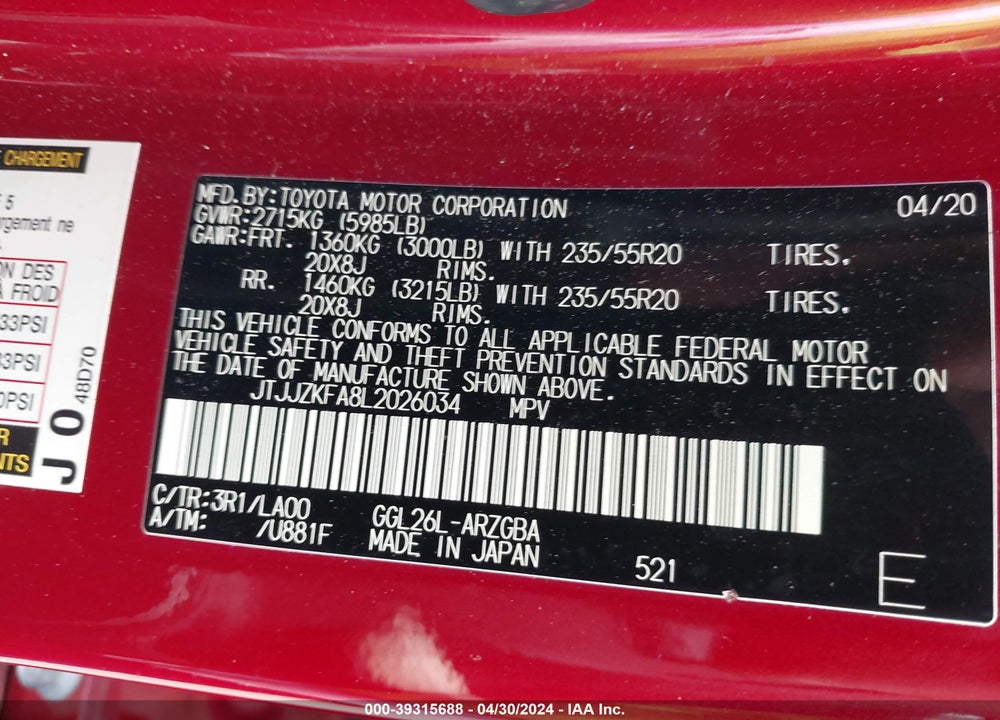 2020 LEXUS RX 350L LUXURY VIN: JTJJZKFA8L2026034