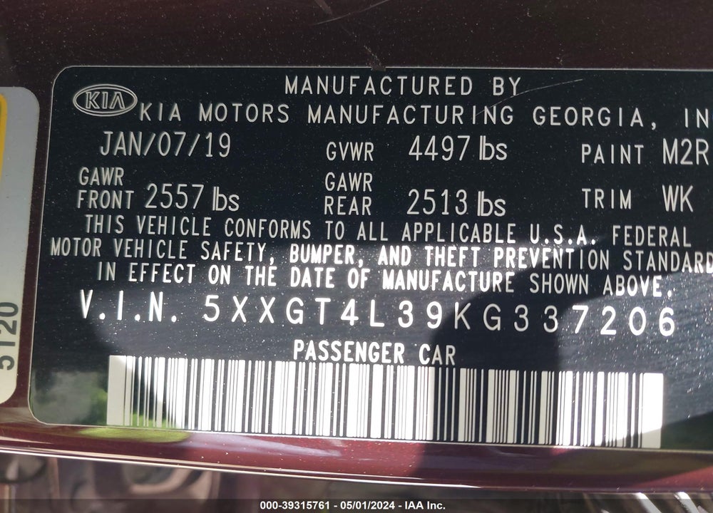 2019 KIA OPTIMA LX VIN: 5XXGT4L39KG337206
