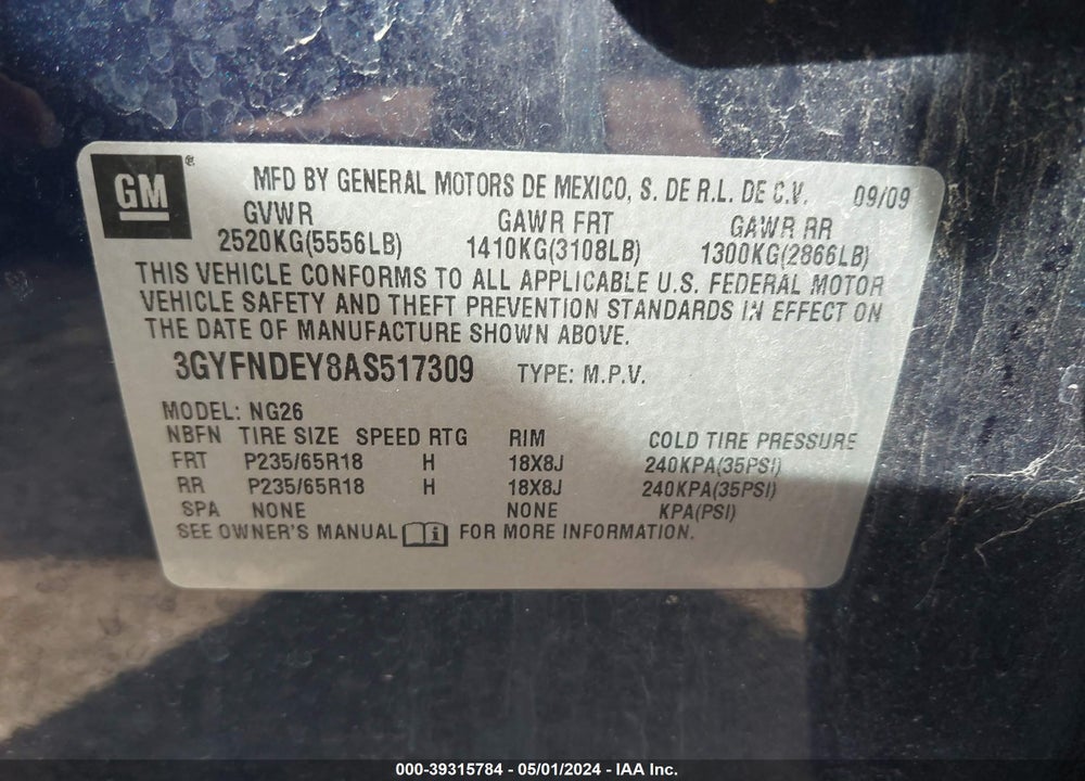 2010 CADILLAC SRX LUXURY COLLECTION VIN: 3GYFNDEY8AS517309