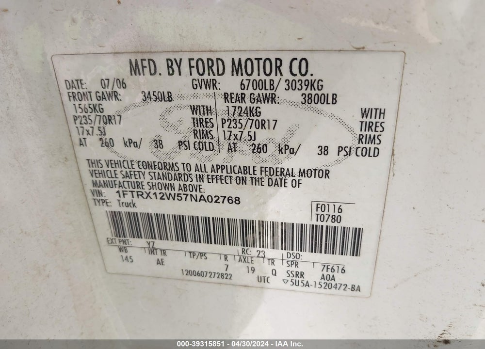2007 FORD F-150 STX/XL/XLT VIN: 1FTRX12W57NA02768