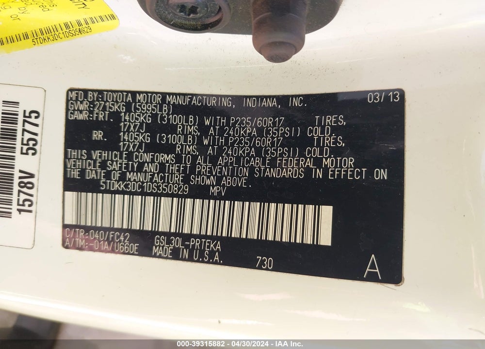 2013 TOYOTA SIENNA VIN: 5TDKK3DC1DS350829
