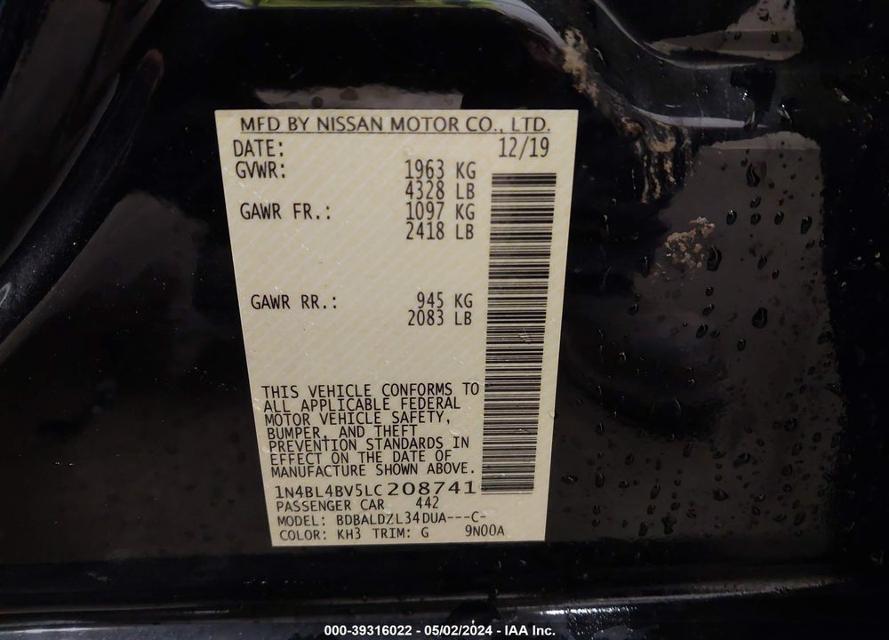2020 NISSAN ALTIMA S FWD VIN: 1N4BL4BV5LC208741