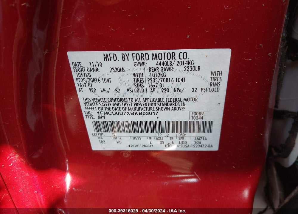 2011 FORD ESCAPE XLT VIN: 1FMCU0D7XBKB03017
