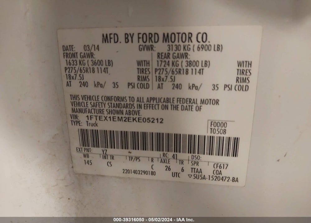2014 FORD F-150 VIN: 1FTEX1EM2EKE05212