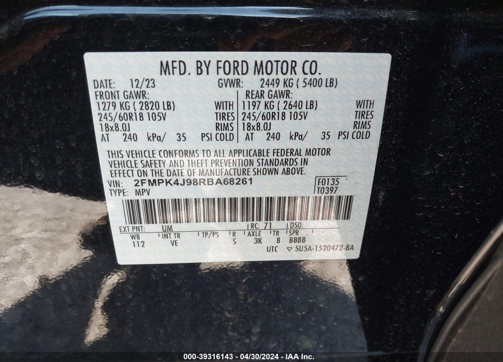 2024 FORD EDGE SEL VIN: 2FMPK4J98RBA68261