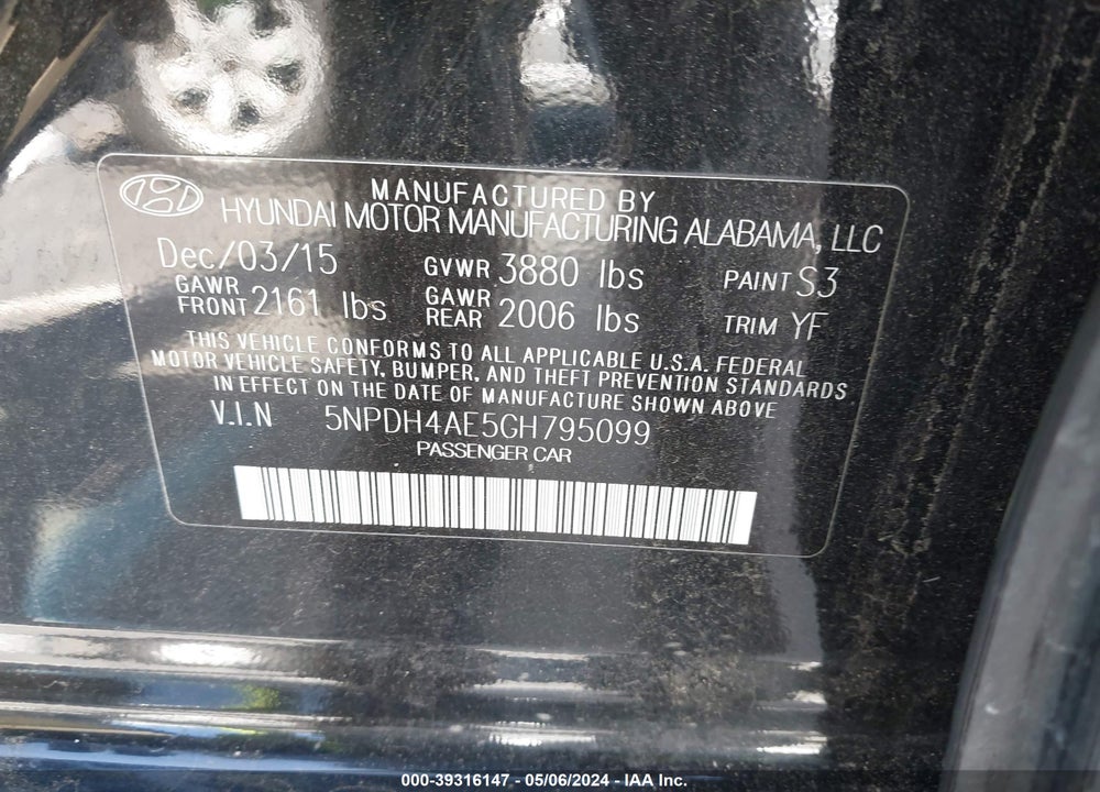 2016 HYUNDAI ELANTRA SE VIN: 5NPDH4AE5GH795099