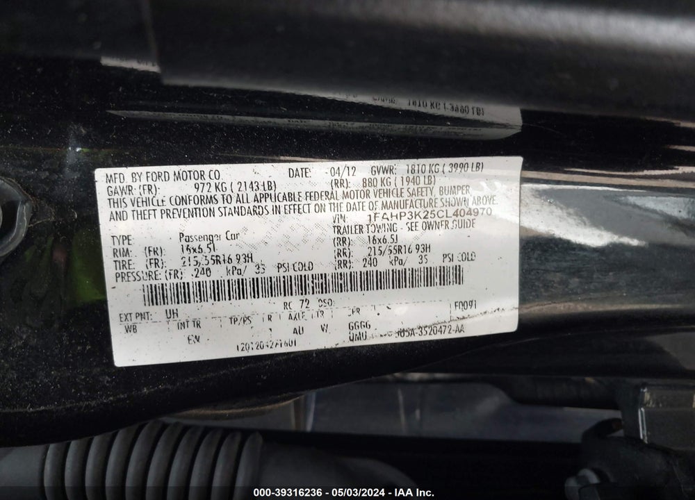 2012 FORD FOCUS SE VIN: 1FAHP3K25CL404970