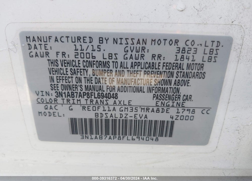 2015 NISSAN SENTRA SV VIN: 3N1AB7AP8FL694048