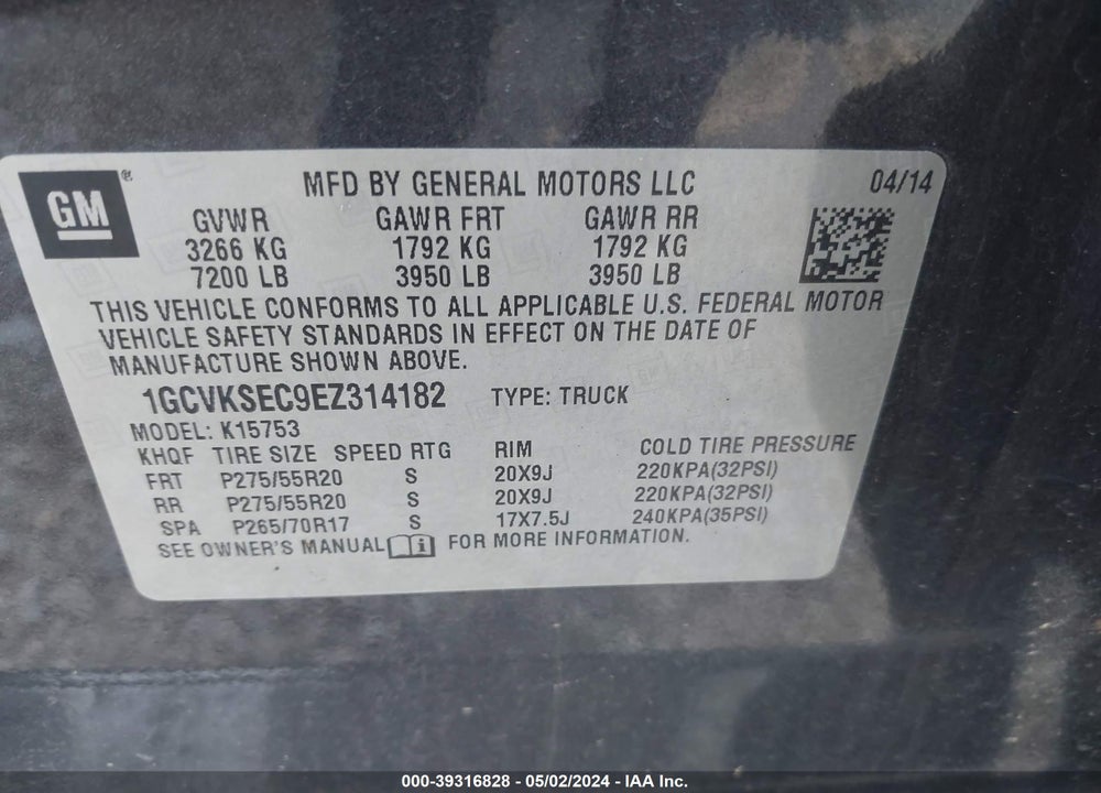 2014 CHEVROLET SILVERADO 1500 1LZ VIN: 1GCVKSEC9EZ314182