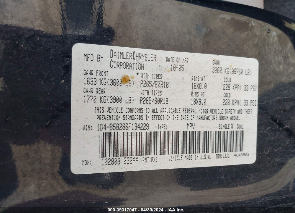 2006 DODGE DURANGO LIMITED VIN: 1D4HB58286F134229