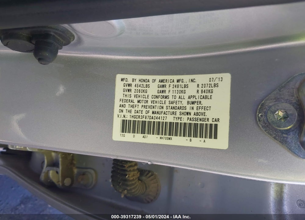 2013 HONDA ACCORD EX-L V-6 VIN: 1HGCR3F87DA044127