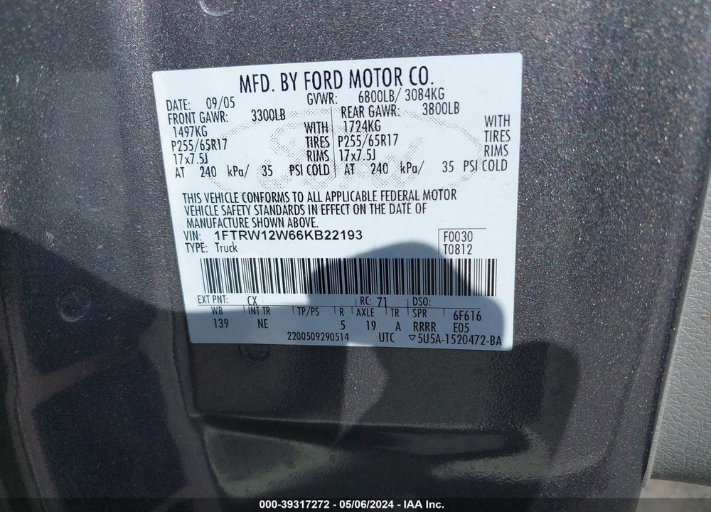 2006 FORD F-150 XLT VIN: 1FTRW12W66KB22193