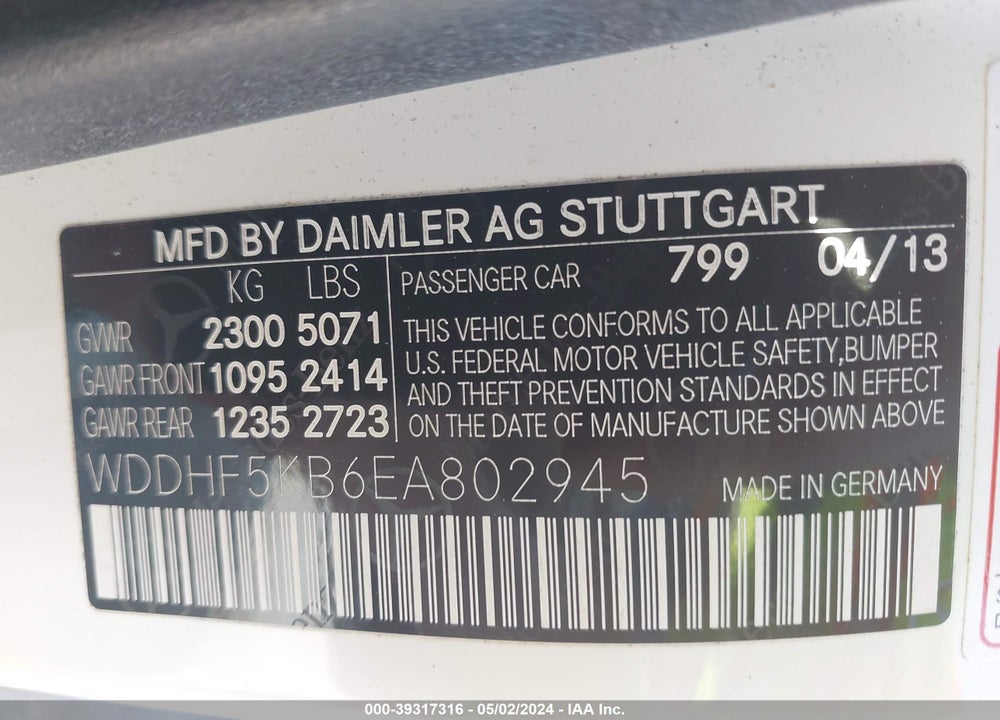 2014 MERCEDES-BENZ E 350 VIN: WDDHF5KB6EA802945