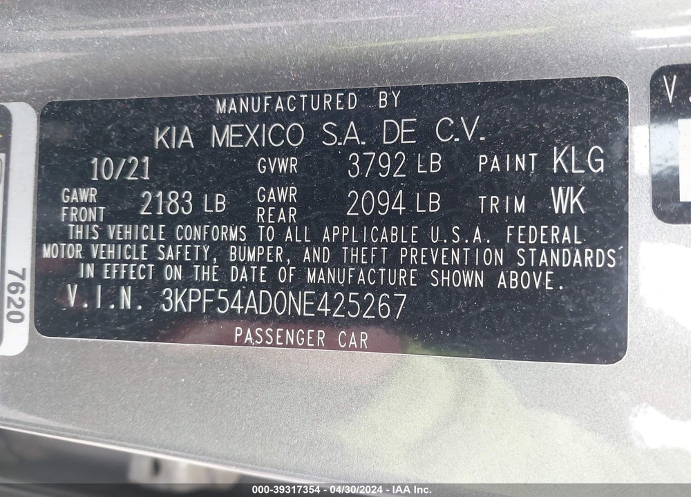 2022 KIA FORTE GT LINE VIN: 3KPF54AD0NE425267