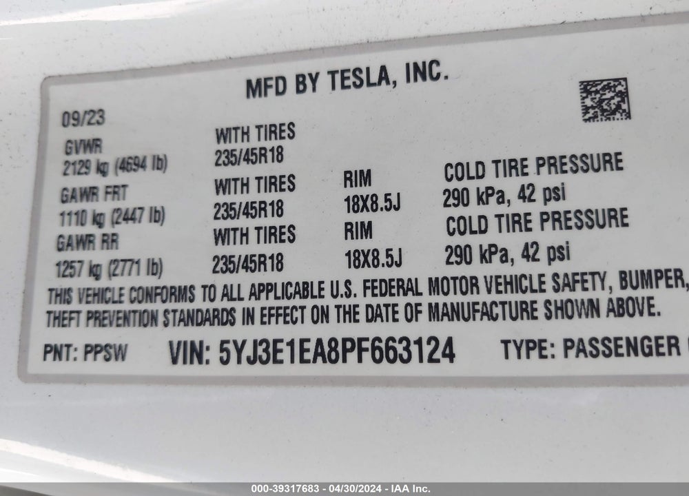 2023 TESLA MODEL 3 REAR-WHEEL DRIVE VIN: 5YJ3E1EA8PF663124