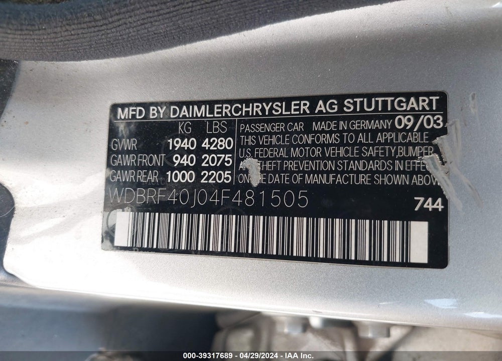 2004 MERCEDES-BENZ C 230 KOMPRESSOR SPORT/SPORT VIN: WDBRF40J04F481505