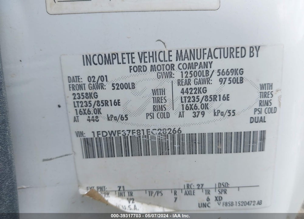 2001 FORD F-350 XL/XLT VIN: 1FDWF37F81EC28266