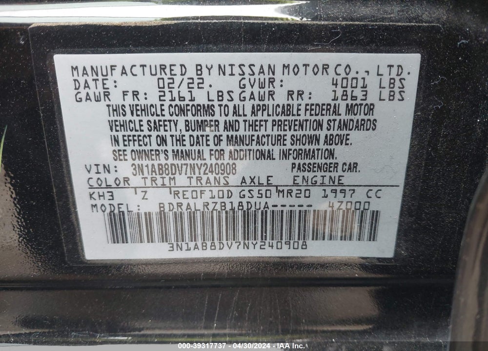 2022 NISSAN SENTRA SR XTRONIC CVT VIN: 3N1AB8DV7NY240908