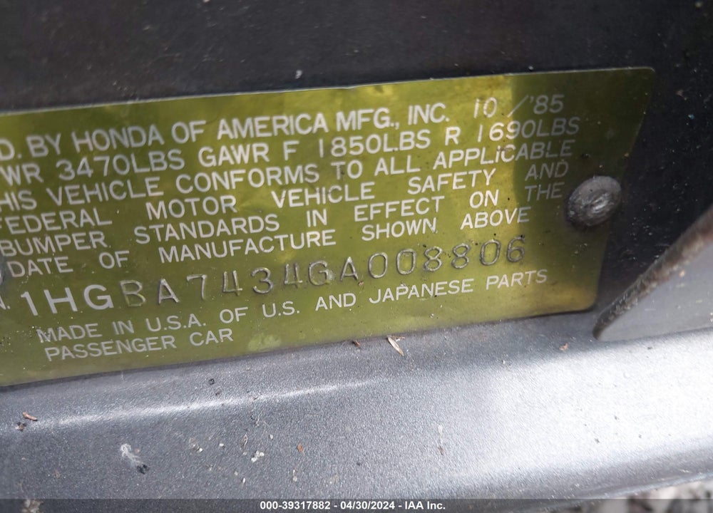 1986 HONDA ACCORD LX VIN: 1HGBA7434GA008806