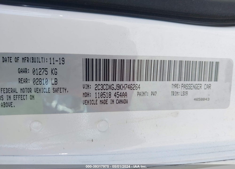 2019 DODGE CHARGER SCAT PACK RWD VIN: 2C3CDXGJ9KH746264