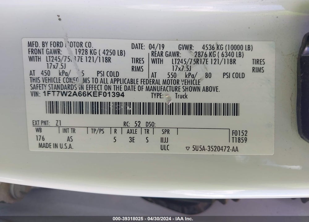 2019 FORD F-250 XL VIN: 1FT7W2A66KEF01394