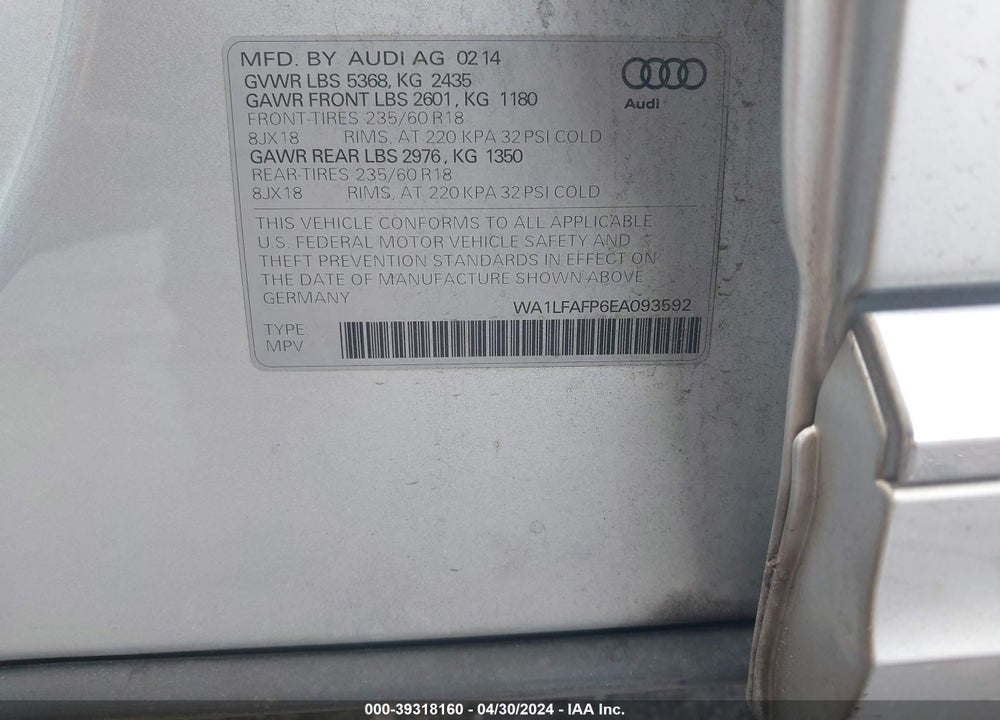 2014 AUDI Q5 2.0T PREMIUM VIN: WA1LFAFP6EA093592
