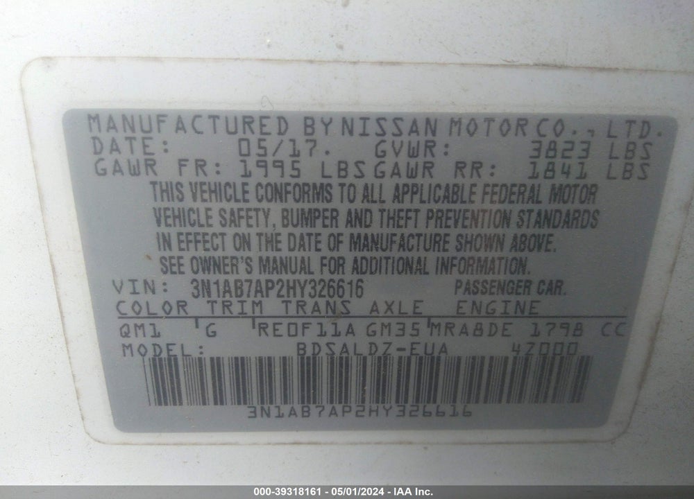 2017 NISSAN SENTRA SV VIN: 3N1AB7AP2HY326616