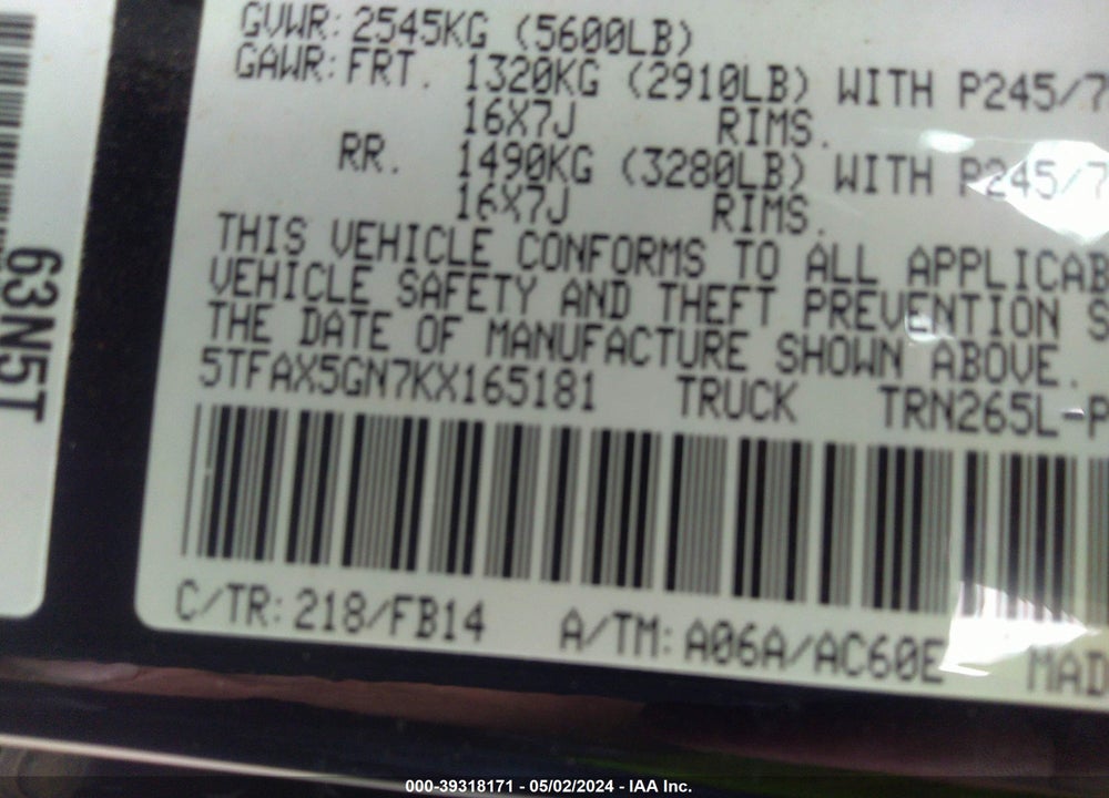 2019 TOYOTA TACOMA SR VIN: 5TFAX5GN7KX165181